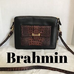 Brahmin “Theo” Leather Melbourne Croc Embossed Crossbody, IPad Bag, Black Brown